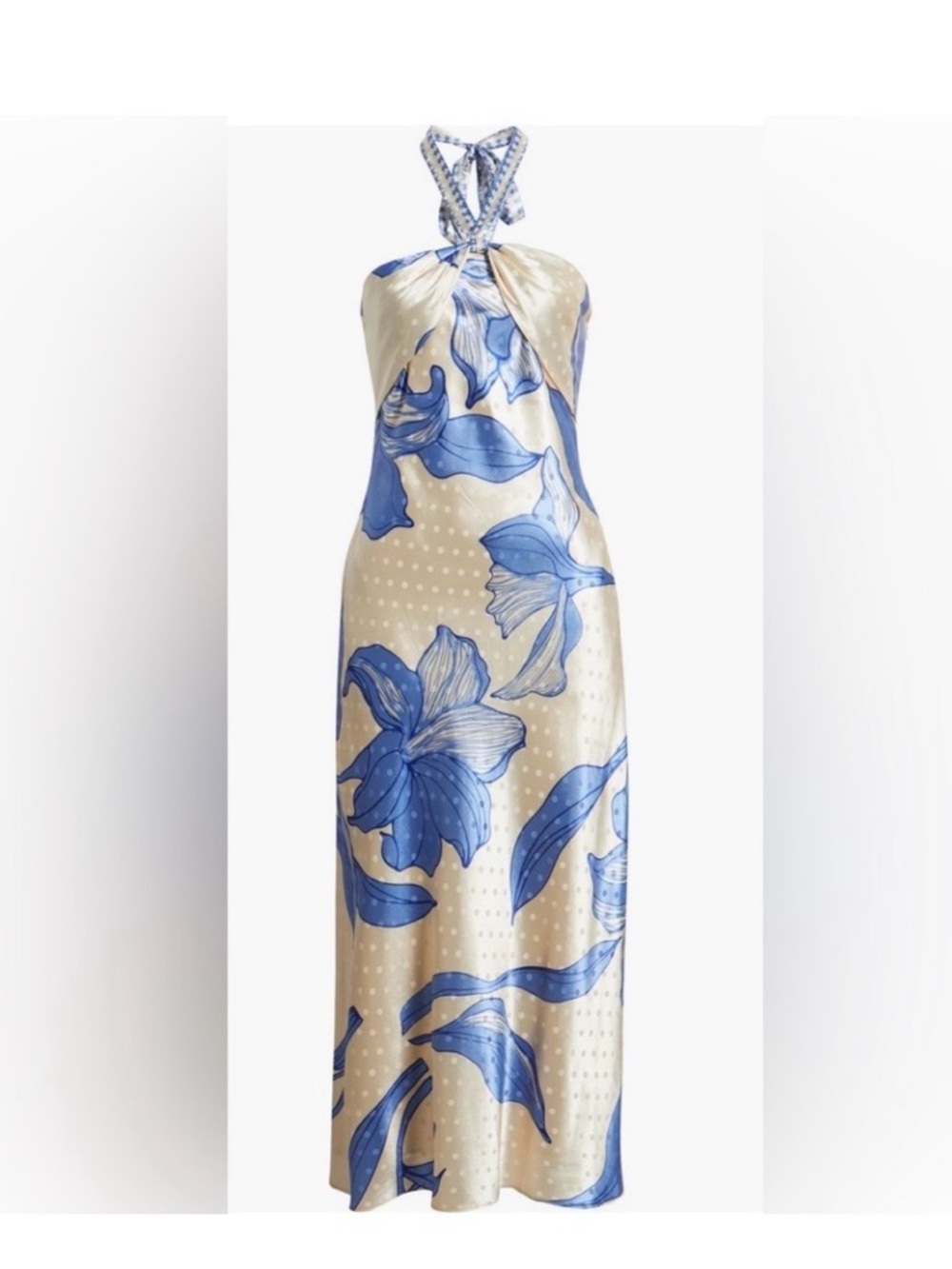 Cream Halter Dress with Blue Floral Print — Elegant Summer Maxi/Midi - Picture 4 of 5